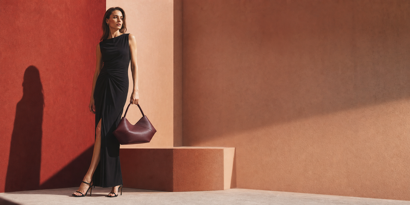 Woman carrying a sculptural burgundy Quirabelle handbag in a terracotta architectural setting
